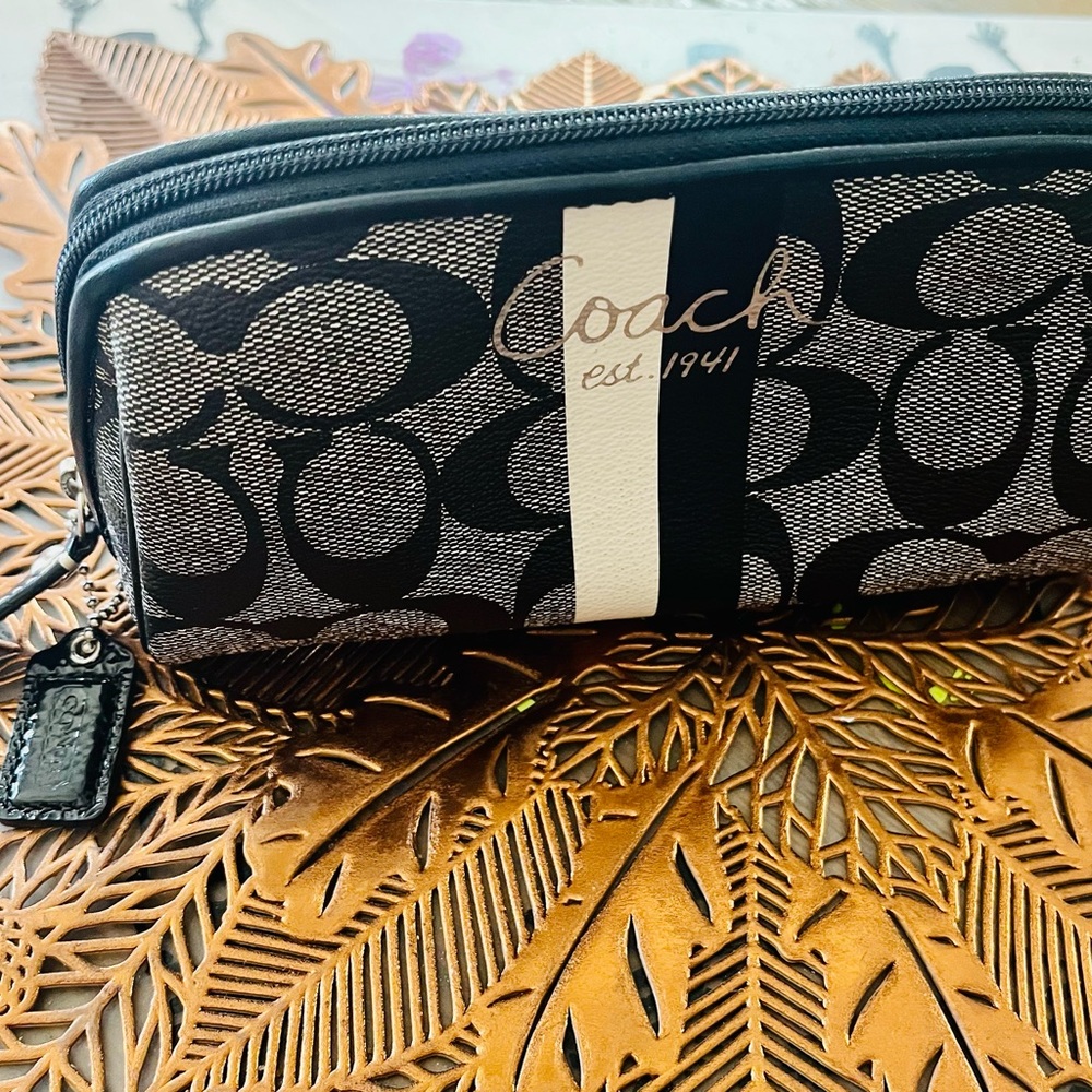 Coach Black and White Signature Stripe Cosmetic Pouch